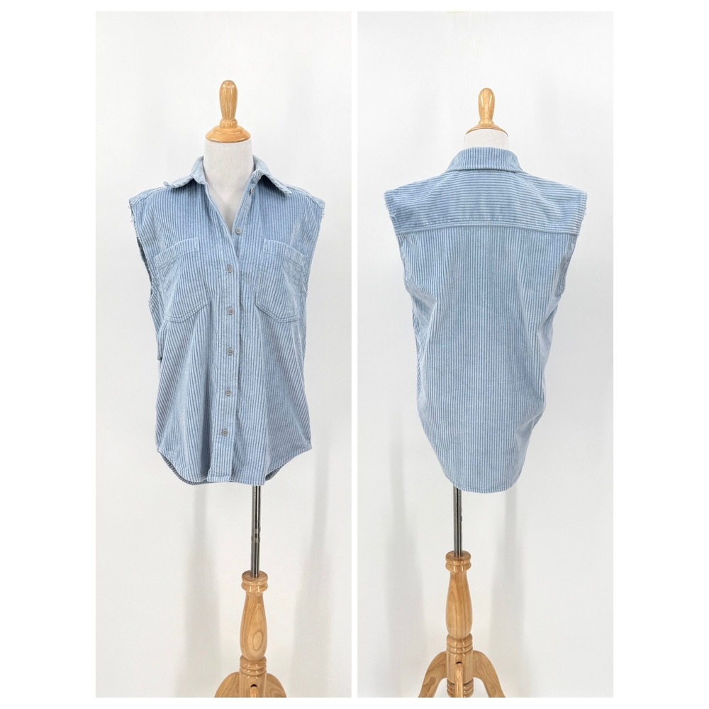 Sunday Best Button Down Women 1 Blue Corduroy Sleeveless Vest Pocketed